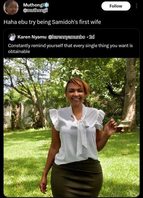 Muthongi mudongi follow haha ebu try being samidoh's first wife karen nyamu lare