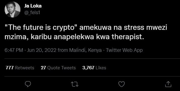 Ja loka _felsı the future is crypto' amekuwa na stress mwezi mzima, karibu anape