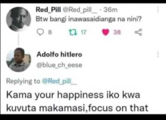 Red_pill red_pill 36m btw bangi inawasaidianga na nini? 0 8 4 17 38 adolfo hitle