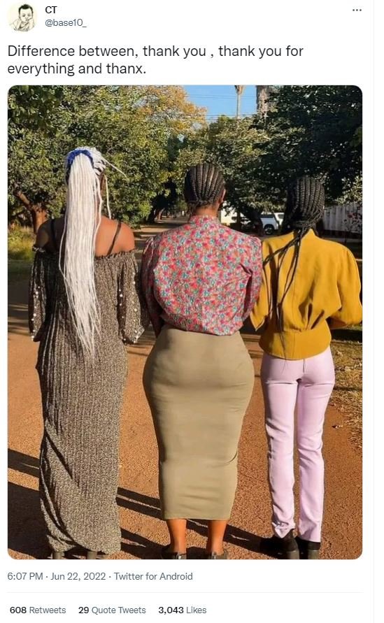 Baselo difference between thank you thank you for everything and thanx. 6.07 pm