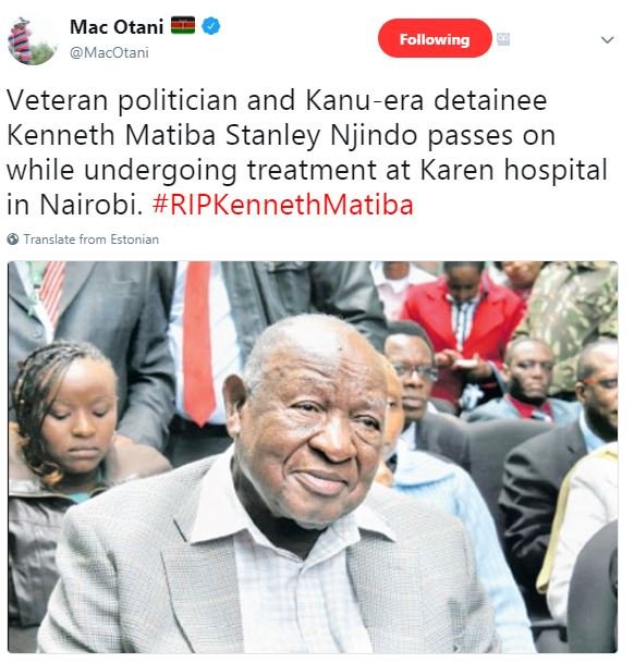 Mac otani macotani following veteran politician and kanuera detainee kenneth mat