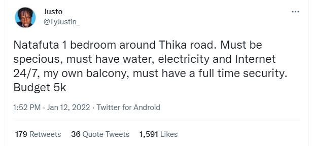 Justo TyJustin Natafuta 1 bedroom around Thika road . Must be specious must have