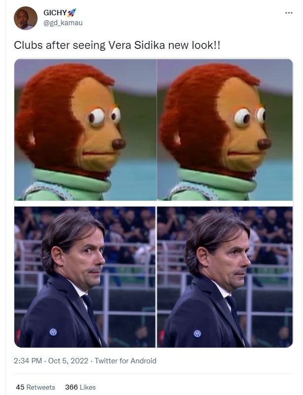 Gichy gd_kamau clubs after seeing vera sidika new look!! 2.34 pm oct 5, twitter