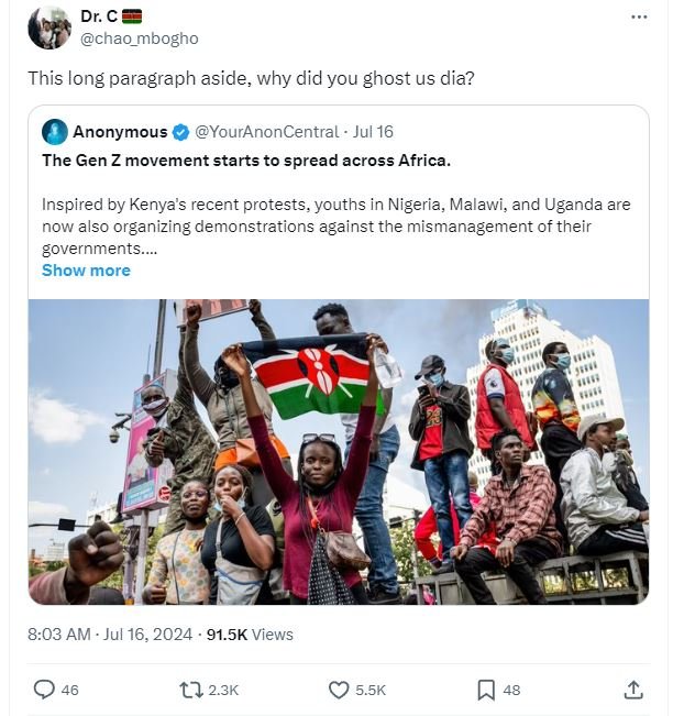 Dr. chao_mbogho this long paragraph aside why did you ghost us dia? anonymous yo