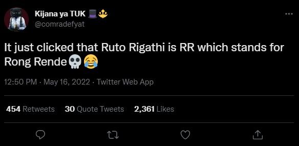 Kijana ya tuk comradefyat it just clicked that ruto rigathi is rr which stands f
