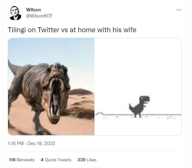 Wilson wilsonkot tilingi on twitter vs at home with his wife 1.15 pm dec 19, 118