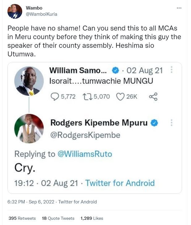 Wambo wamboikuria people have no shame! can you send this to all mcas in meru co