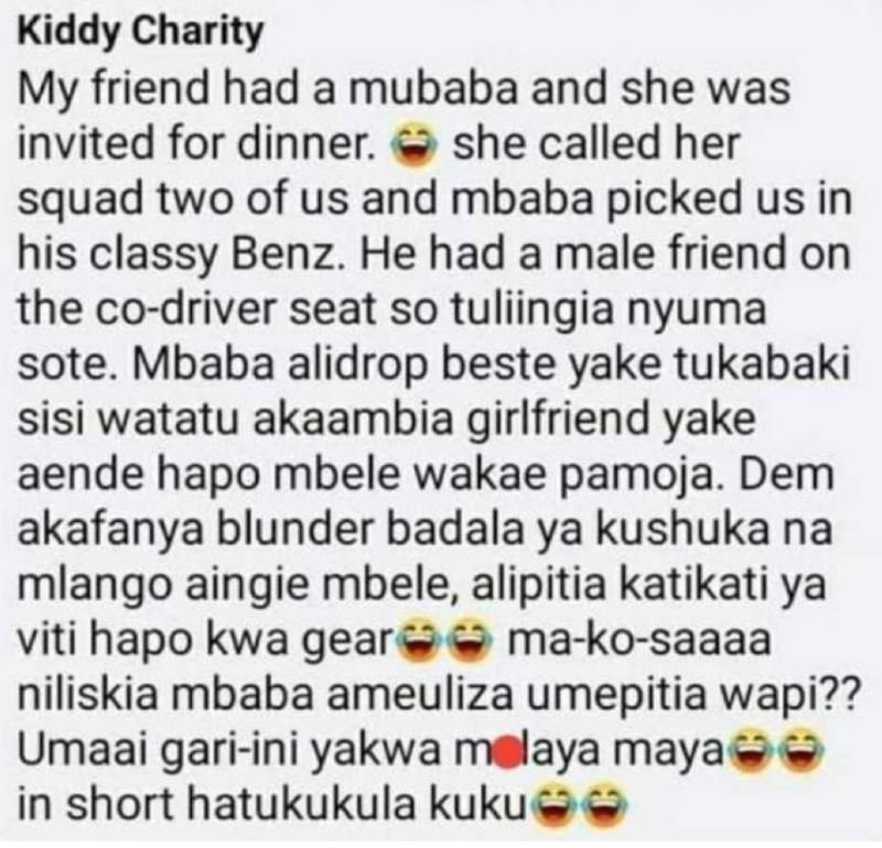 Kiddy charity my friend had a mubaba and she was invited for dinner. she called