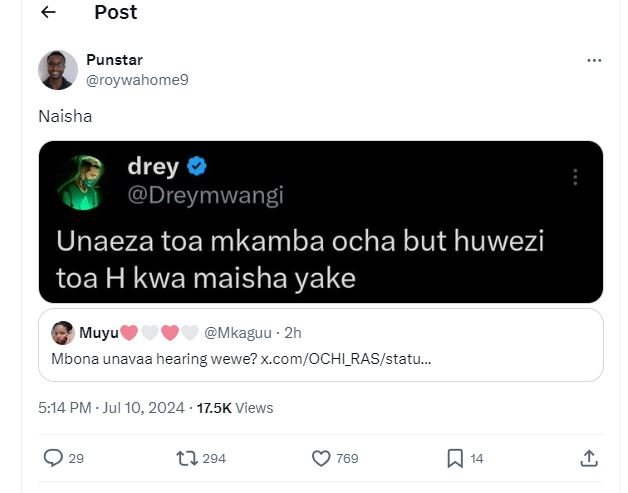 Post punstar roywahomeg naisha drey dreymwangi unaeza toa mkamba ocha but huwezi