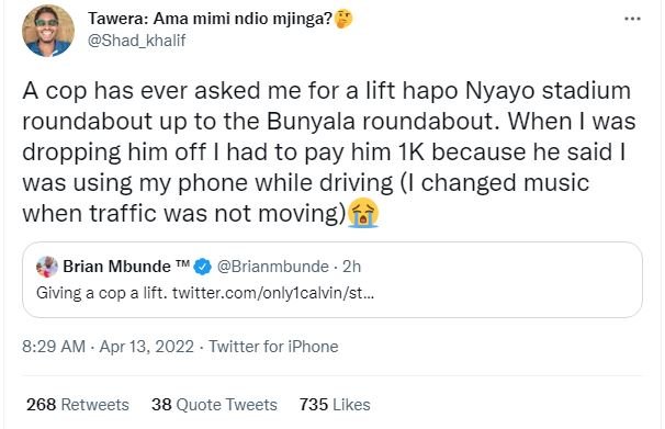 Tawera ama mimi ndio mjinga? shad_khalif a cop has ever asked me for a lift hapo