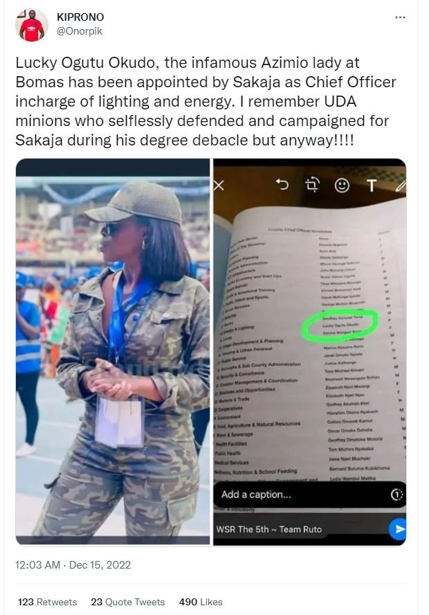 Kiprono onorpik lucky ogutu okudo, the infamous azimio lady at bomas has been ap