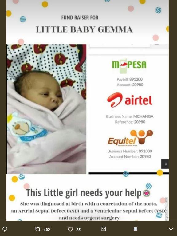 Fund raiser for little baby gemma pesa paybill account airtel businoss name mcha