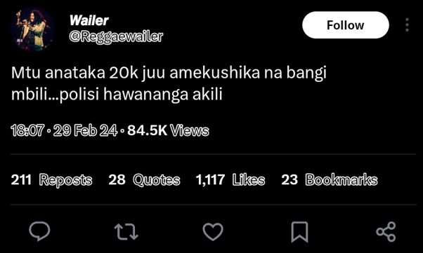 Wailer raggaewailer follow mtu anataka 20k juu amekushika na bangi mbili_polisi