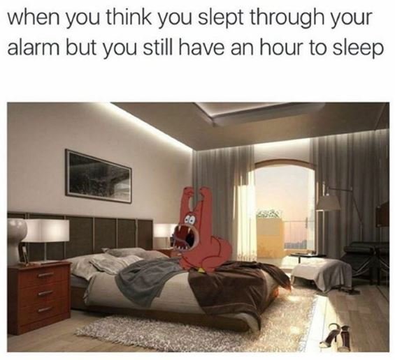 When you think you slept through your alarm but you still have an hour to sleep