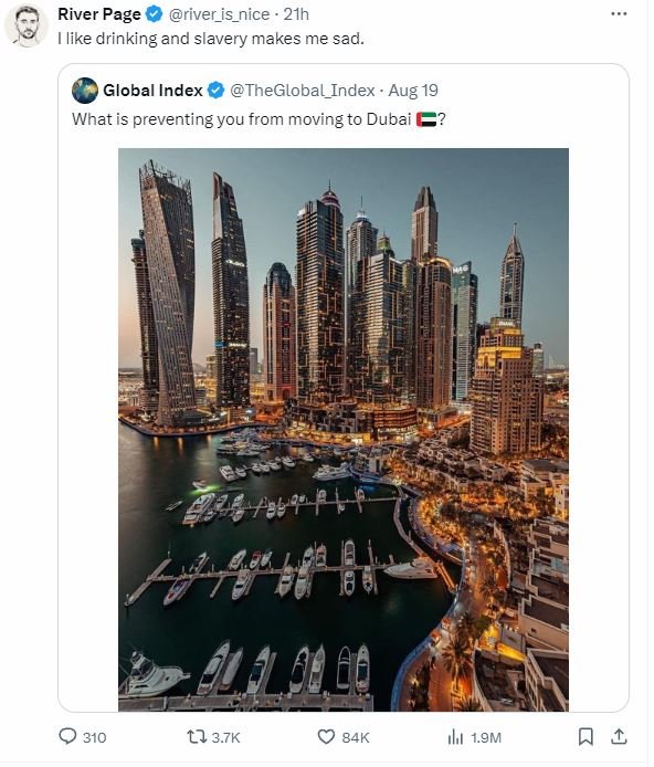 River page river_is_nice 21h hlike drinking and slavery makes me sad. global ind