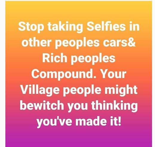 Stop taking selfies in other peoples cars rich peoples compound. your village pe
