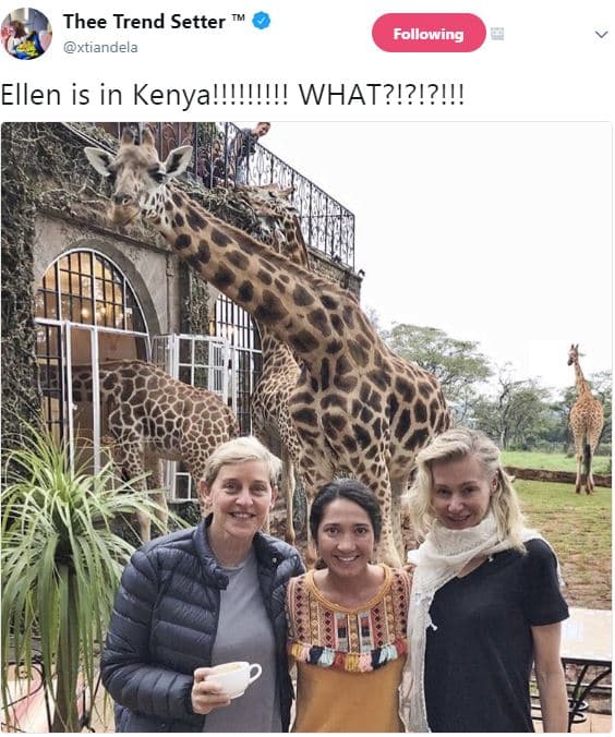 Thee trend setter xtiandela following ellen is in kenya!!!!!!!!! what?i?i?!!