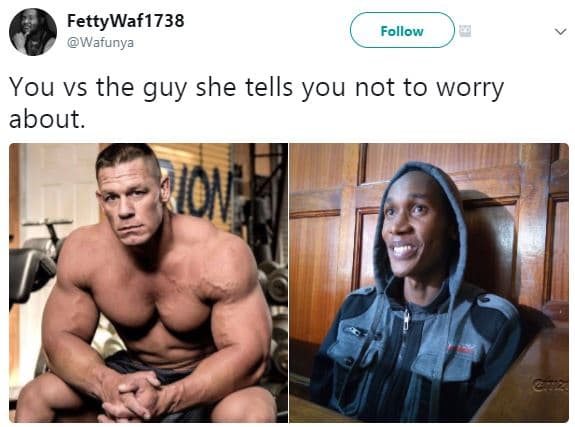 Fettywaf1738 wafunya follow you vs the guy she tells you not to worry about. iol