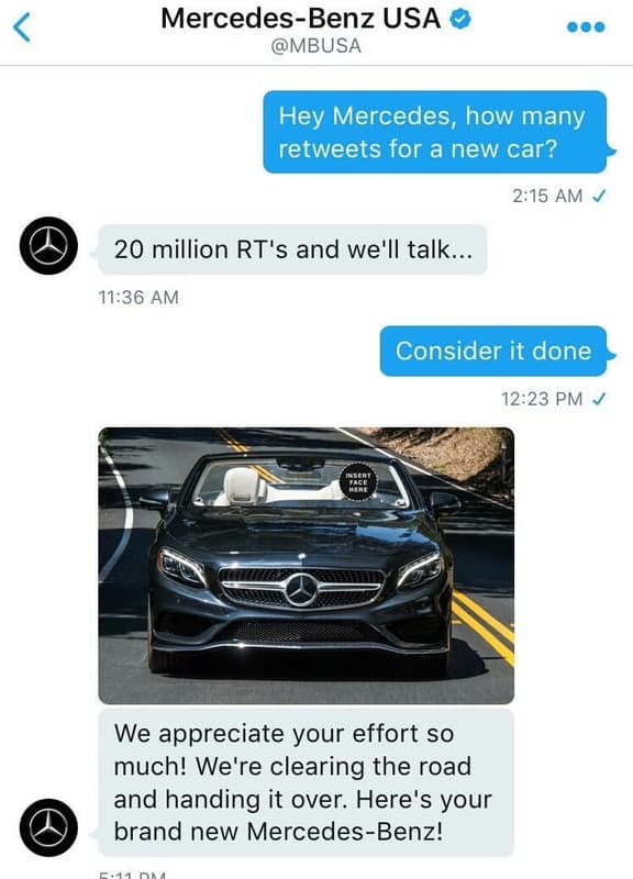 Mercedesbenz usa mbusa hey mercedes, how many retweets for a new car? 215 am 20