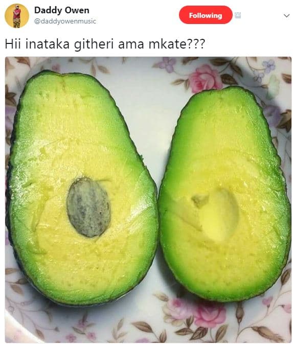 Daddy owen daddyowenmusic following hii inataka githeri ama mkate???