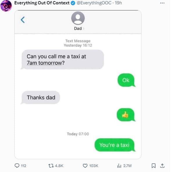 Everything out of context everythingooc 19h dad text message yesterday 1612 can