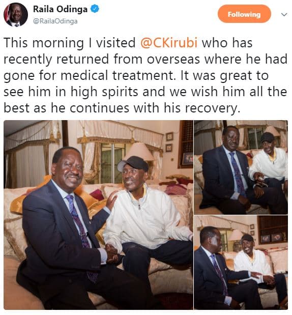 Raila odinga railaodinga following this morning visited ckirubi who has recently