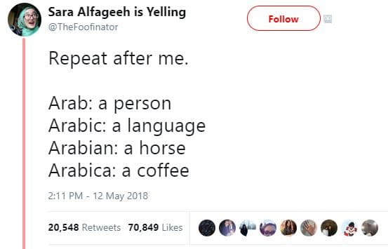 Sara alfageeh is yelling thefoofinator follow repeat after me arab a person arab