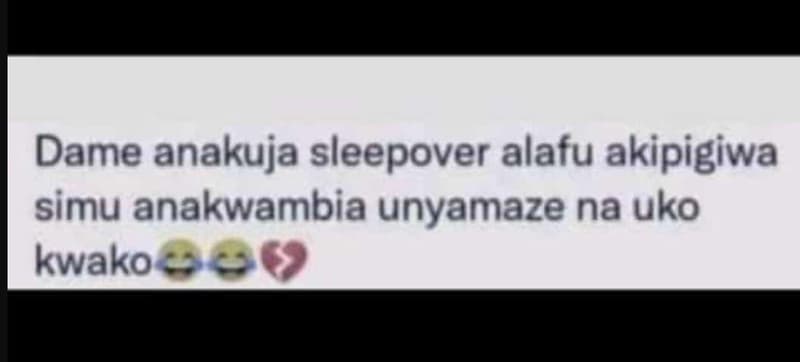 Dame anakuja sleepover alafu akipigiwa simu anakwambia unyamaze na uko kwako