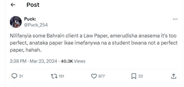 Post puck puck 254 nilifanyia some bahrain client a law paper amerudisha anasema