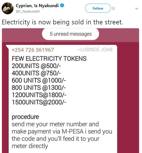 Cyprian, is nyakundi c_nyakundih follow electricity is now being sold in the str
