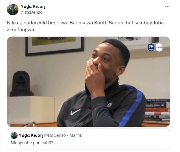Yuga kkan itsdenzo nilikua nadai cold beer kwa bar nikiwa south sudan but sikubu