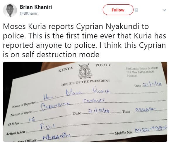 Brian khaniri bkhaniri follow moses kuria reports cyprian nyakundi to police. th