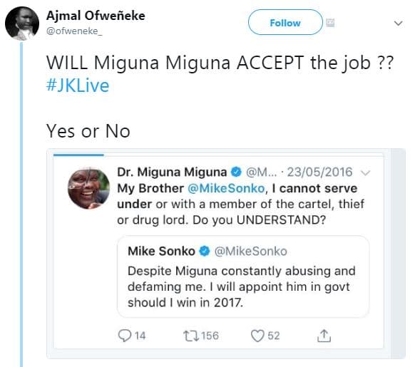 Ajmal ofweñeke ofweneke follow will miguna miguna accept the job ?? jklive yes o