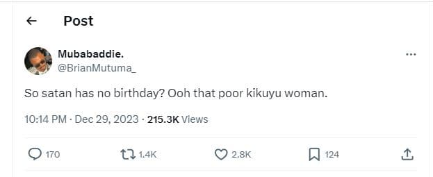 Post mubabaddie_ brianmutuma_ so satan has no birthday? ooh that poor kikuyu wom