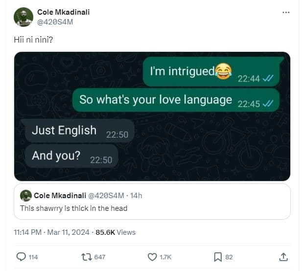 Cole mkadinali 420s4m hii ni nini? im intriguede 22.44 v so whats your love lang