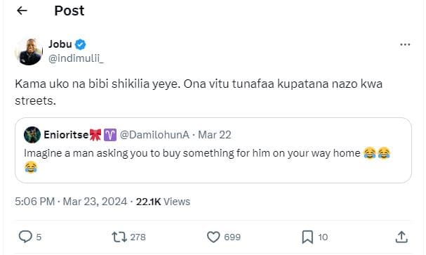 Post jobu indimulii kama uko na bibi shikilia yeye. ona vitu tunafaa kupatana na
