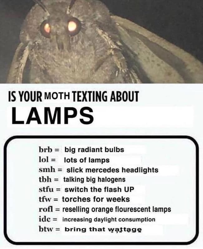 Is your moth texting about lamps brb big radiant bulbs lol lots of lamps smh sli