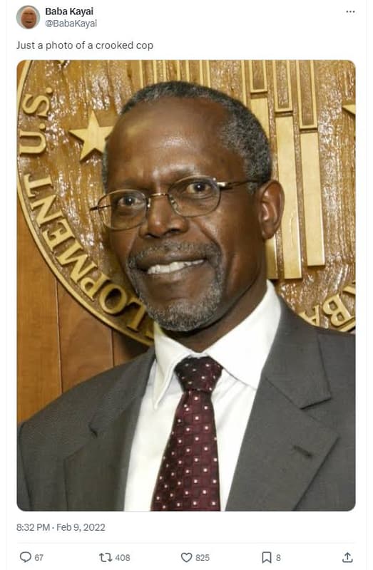 Baba kayai babakayai just photo of a crooked cop 9 8.32 pm . feb 9, tl 408 825