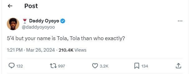 Post daddy oyoyo daddyoyoyoo 54 but your name is tola, tola than who exactly? 1.