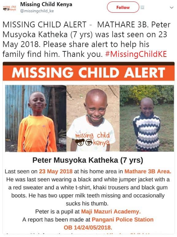Missing child kenya missingchild_ke follow missing child alert mathare 3b. peter