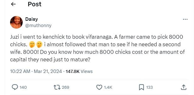 Post daisy muthonny juzi went to kenchick to book vifaranaga. a farmer came to p