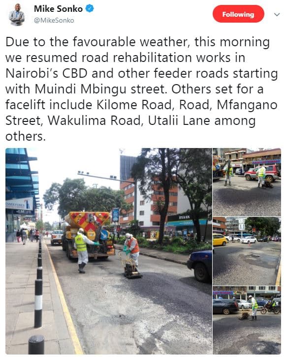 Mike sonko mikesonko following due to the favourable weather, this morning we re
