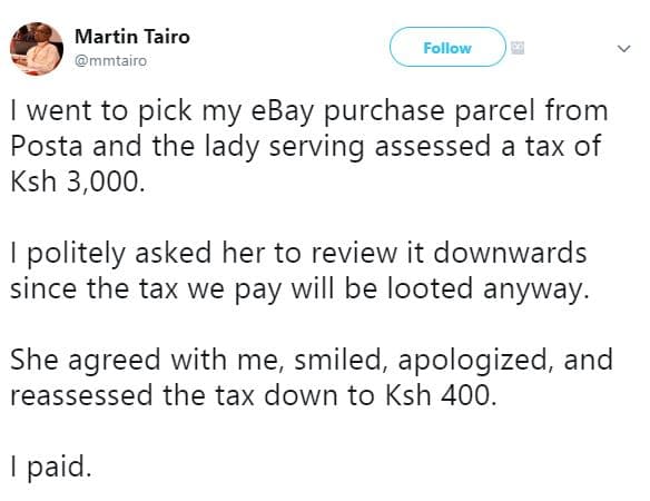 Martin tairo mmtairo follow went to pick my ebay purchase parcel from posta and