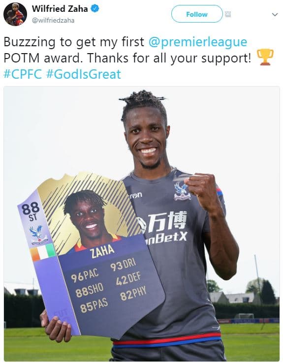 Wilfried zaha wilfriedzaha follow buzzzing to get my first premierleague potm aw