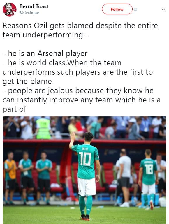 Bernd toast cechque follow reasons ozil gets blamed despite the entire team unde