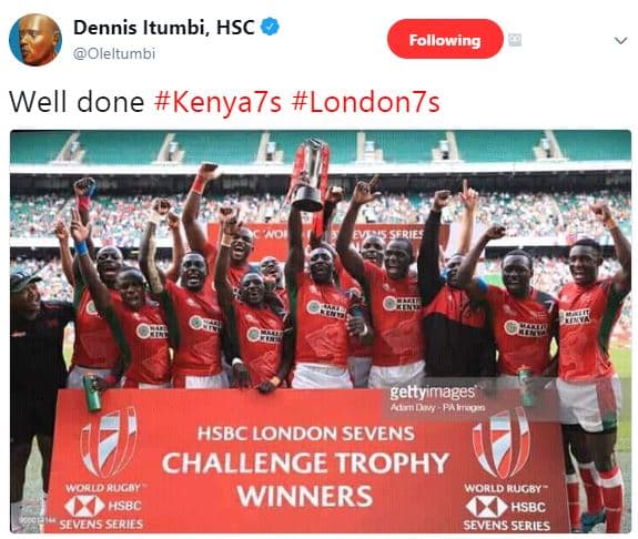 Dennis itumbi , hsc oleltumbi following well done kenya7s london7s h2 gettyimage