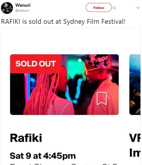 Wanuri wanurı follow rafiki is sold out at sydney film festival! sold out rafiki
