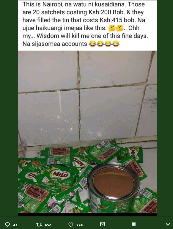 This is nairobi, na watu ni kusaidiana. those are 20 satchets costing ksh200 bob