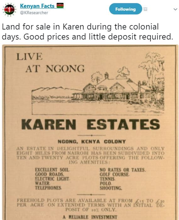 Kenyan facts kresearcher following land for sale in karen during the colonial da