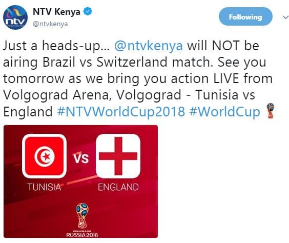 Ntv kenya ntvkenya following just a headsup ntvkenya will not be airing brazil v